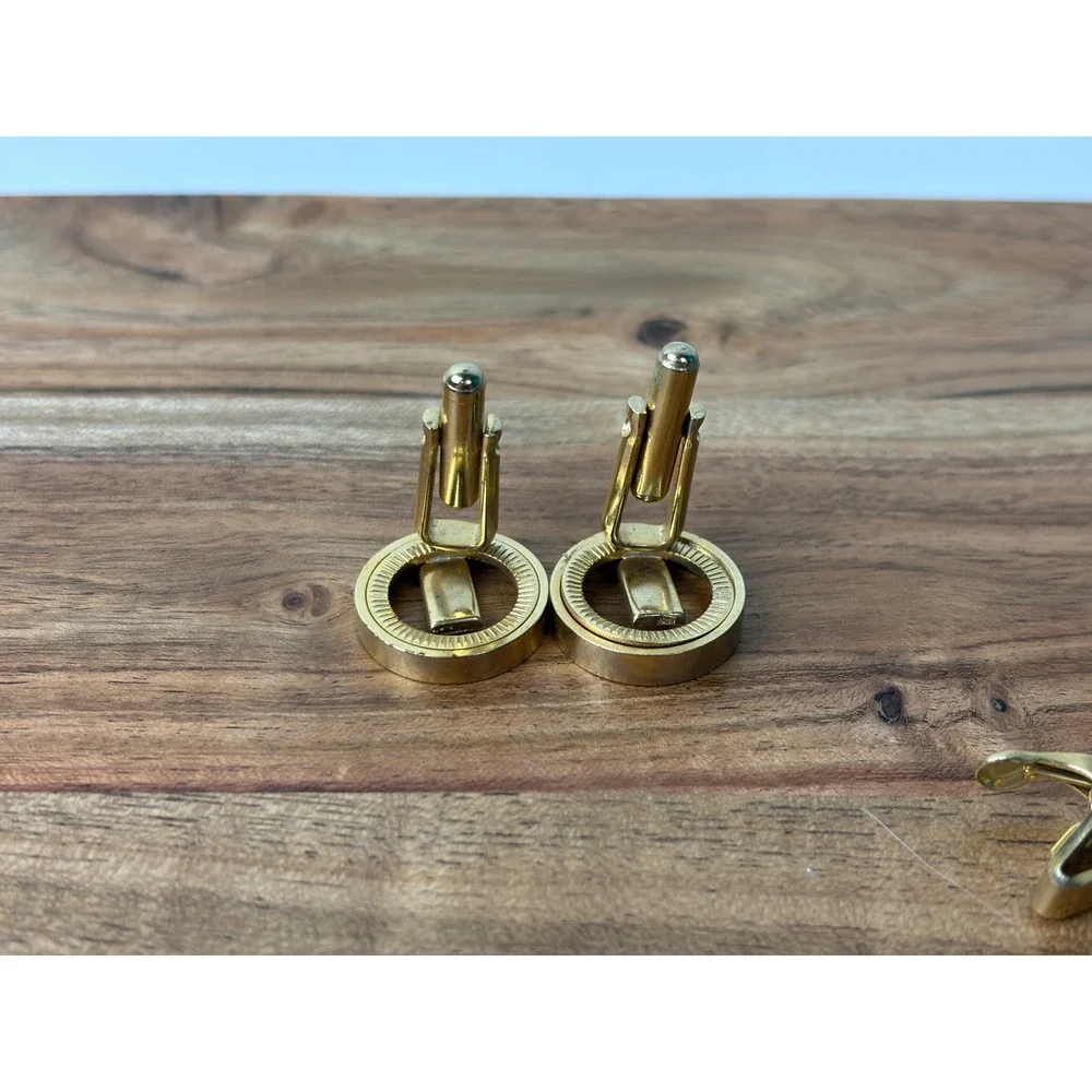 Vintage Cufflinks Tie Clip Set Gold Tone Mother of Pearl MCM Formal Ribbed Round